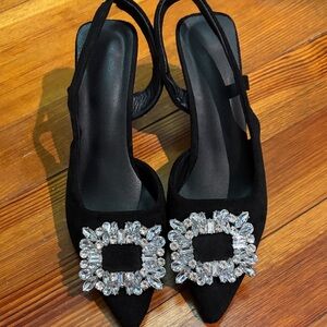 Elegant Black Slingback Heels with Crystal Embellishments